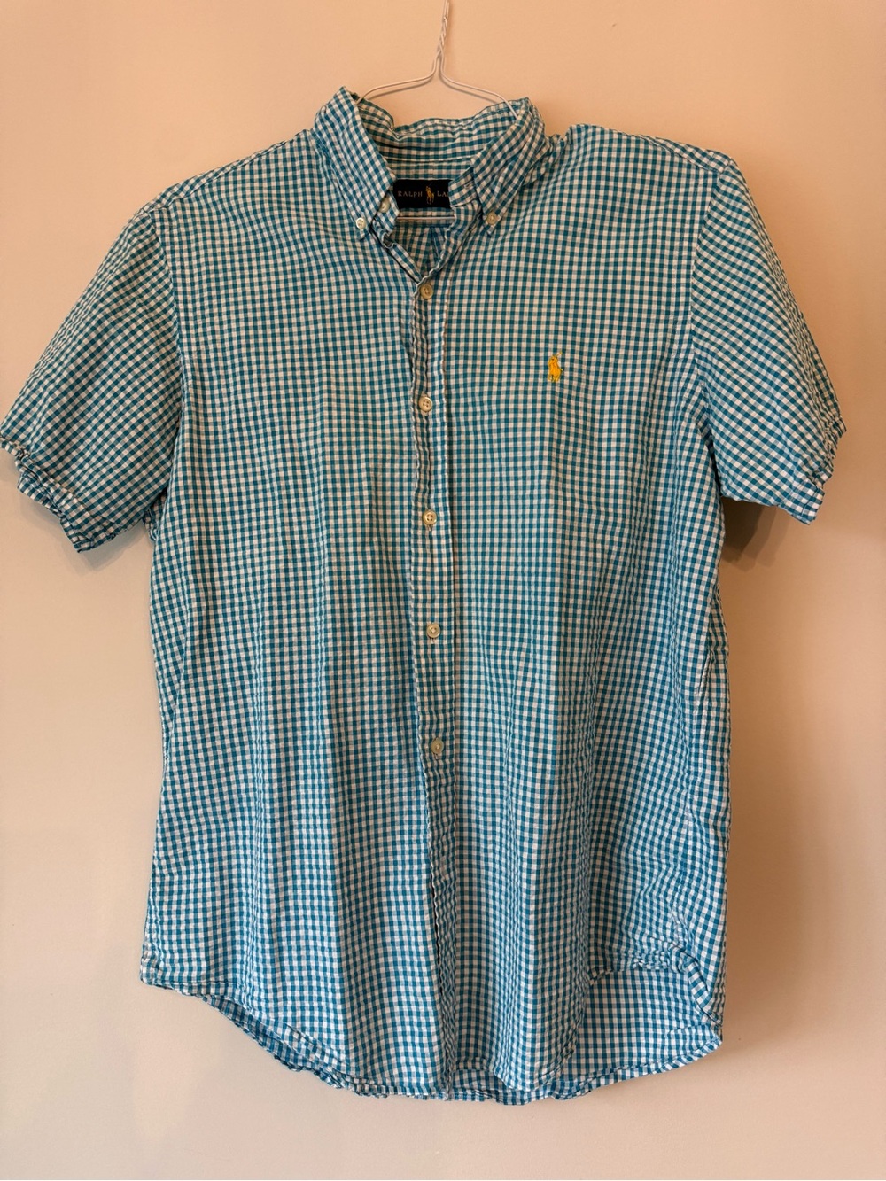 Ralph Lauren Teal and White Gingham Short-Sleeve Button-Down Shirt